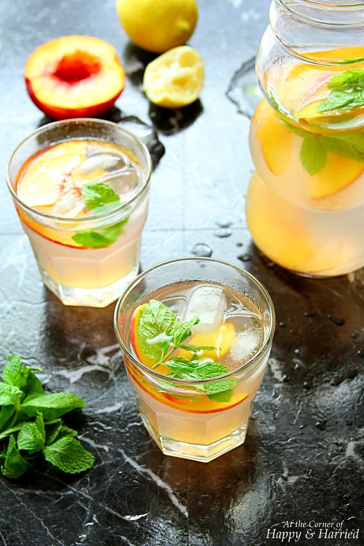 Fruity lemonade recipes for spring and summer: This Nectarine Ginger Lemonade from At the Corner of Happy & Harried would work well as a cocktail or mocktail. Yum!
