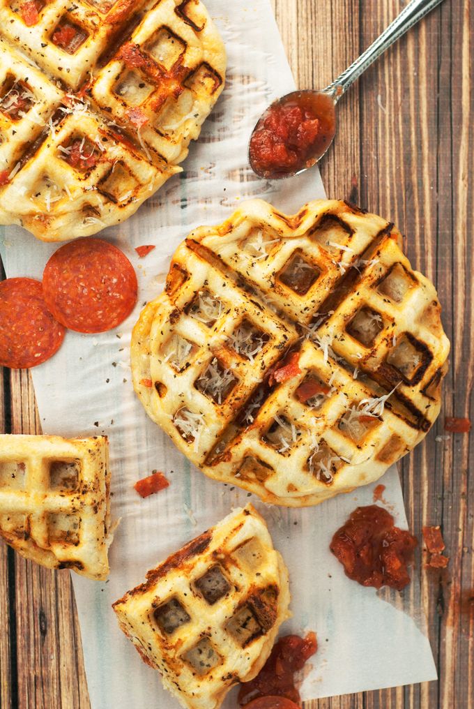 Waffle iron recipes for dinner: : You can't go wrong with these Pepperoni Pizza Waffles from A Simple Pantry. Yum!