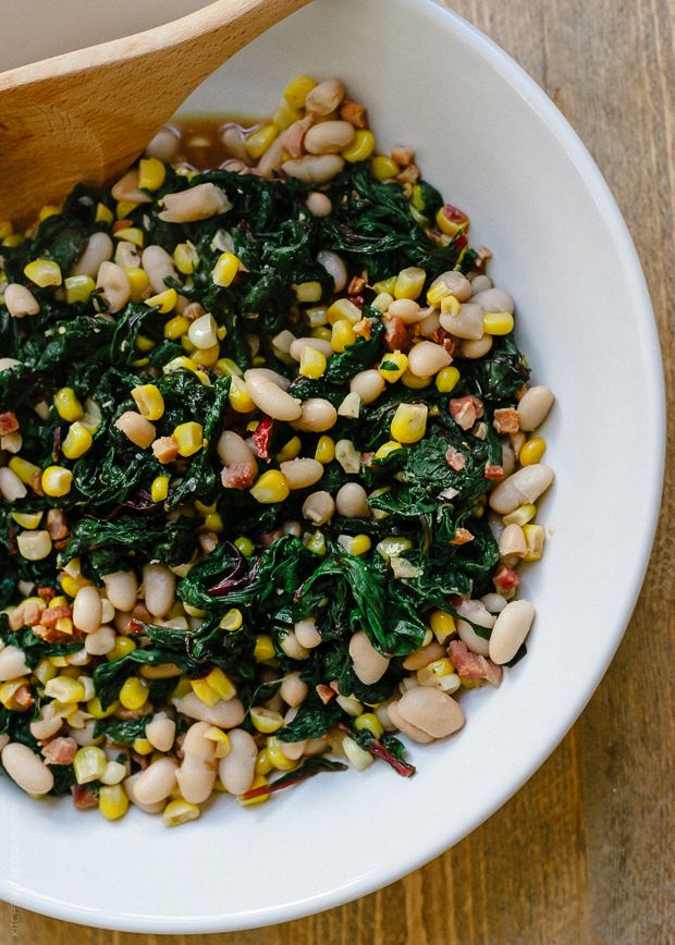 Yard to table recipes: Eat up those hard to use veggies in the most delicious way possible, with this Swiss Chard with Pancetta, Corn, and Cannelini Beans Recipe | Kitchen Confidante