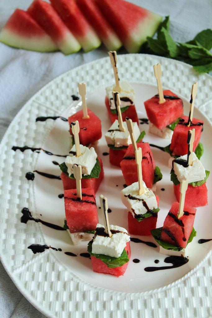 Watermelon recipe: These little Watermelon Feta Mint Skewers from Bites of Bri are a sophisticated take on the classic watermelon. 