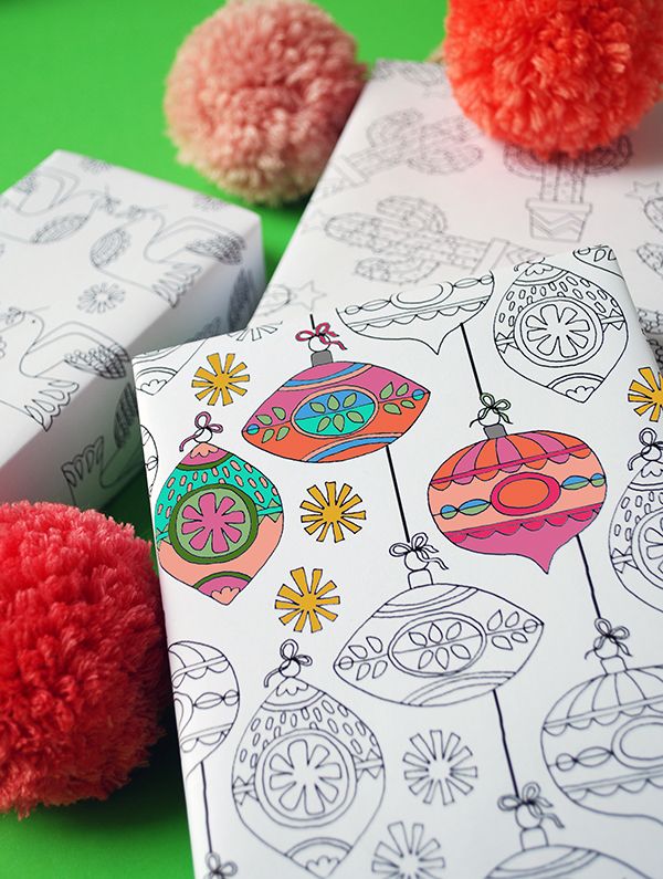 Color-your-own illustrated printable gift wrap from We Are Scout is festive and fun.