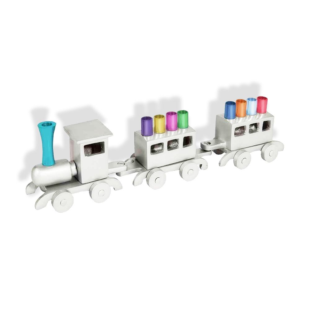 Menorahs for kids: Kids will have so much fun with this Aluminum Multi Color Train Menorah at Traditions Jewish gifts.