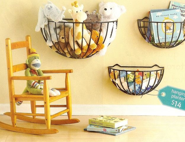 Stuffed animal storage solution: Repurpose garden planters and hang on the wall