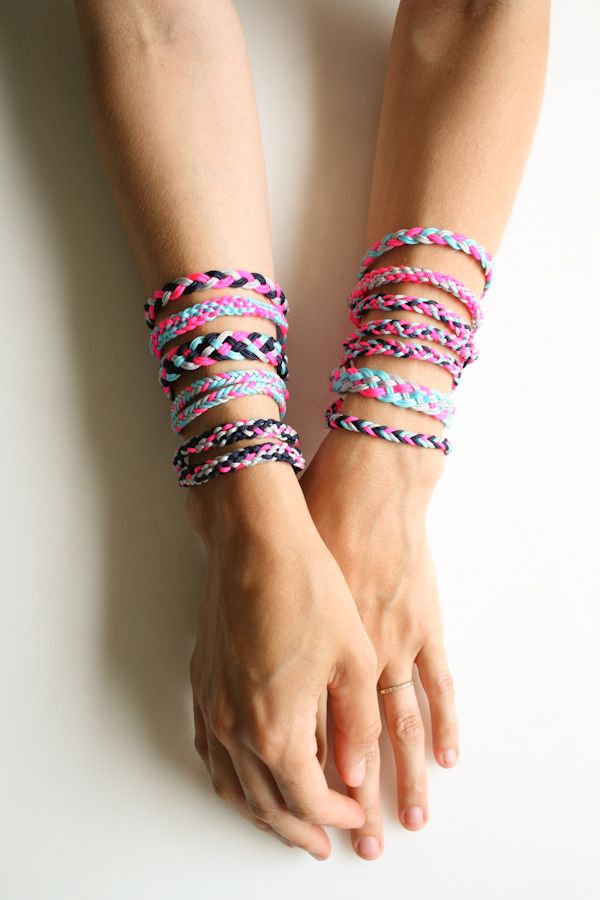 DIY friendship bracelet patterns: Go neon or go home with these Braided Friendship Bracelets from Purl Soho. 