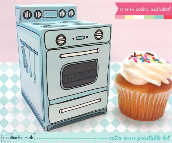 Pregnancy announcements: Give a subtle and adorable hint with this Retro Oven Cupcake Box printable from Claudine Hellmuth. So cute!