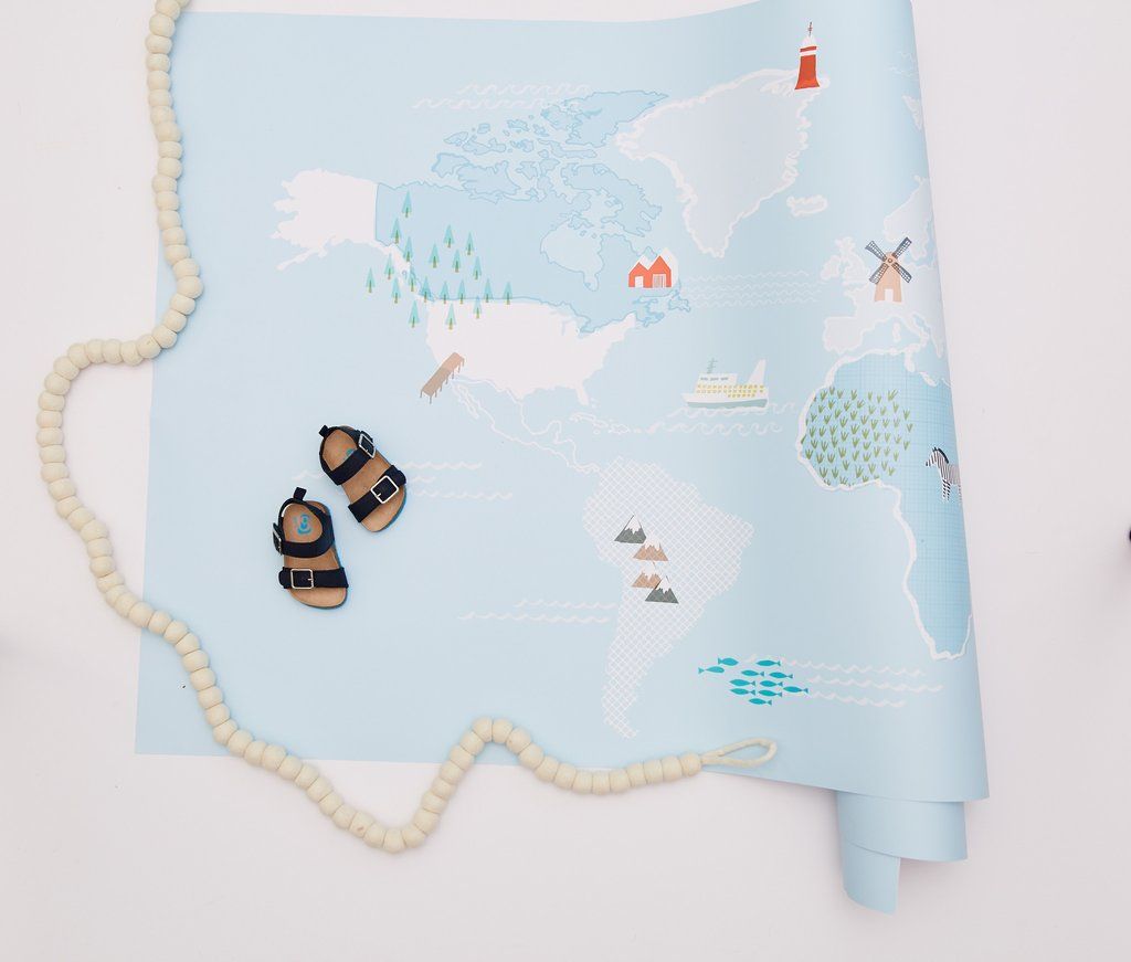 Clean lines and cool colors make this Kids Map from Chasing Paper one of our favorite world map decals. 