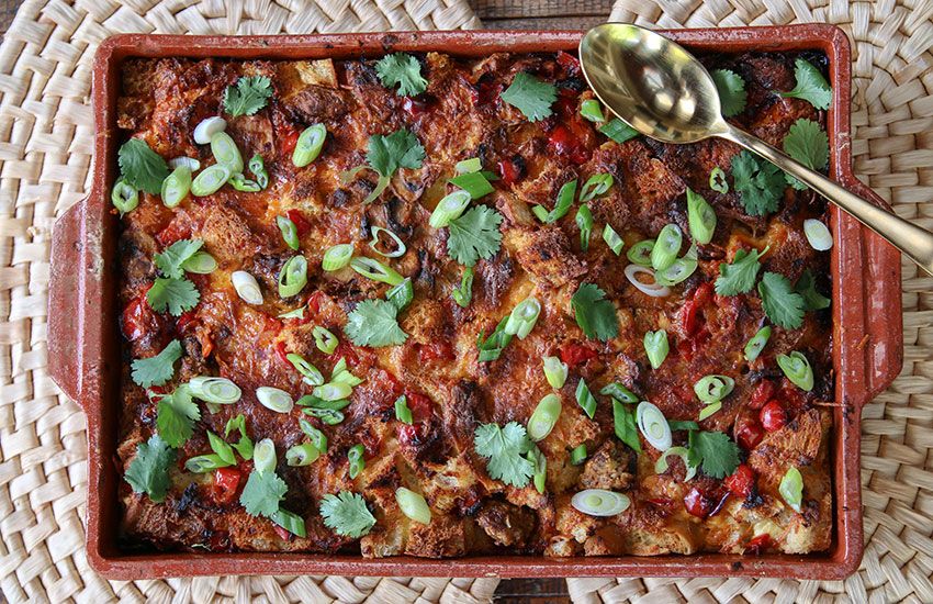Prep ahead holiday breakfasts: Give your strata a fun twist with this Chrorizo and Red Pepper Strata at Something New for Dinner. 