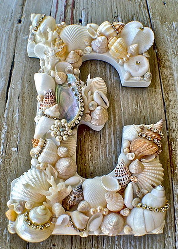 Glue shells and old jewelry onto cardboard letters in this fun art project for tweens or teens | YouTube tutorial from Debi's Design Diary