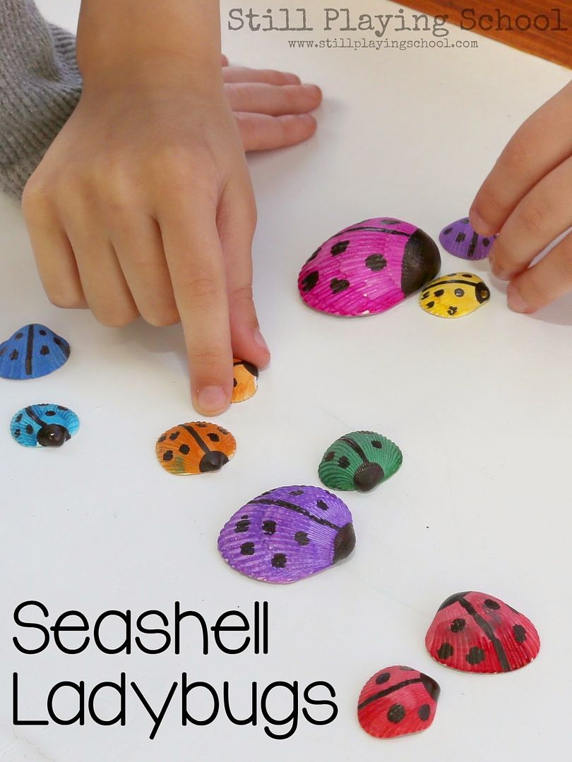 Even little kids can make seashell art with this ladybug craft project from Still Playing School