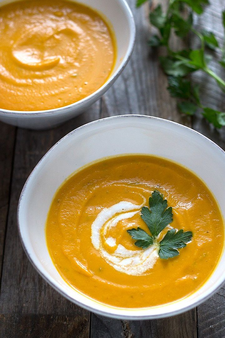 Gluten-free Thanksgiving recipes: Try this Curried Coconut-Carrot Soup for a lovely first course and major upgrade from stewed carrots. | Brina's Bites