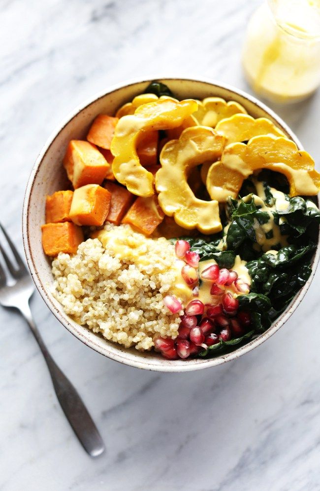 How to make Bliss Bowls: Love the addition of pomegranate to these Fall Bliss Bowls with Pumpkin Goddess Dressing! | Nutritional Foodie 
