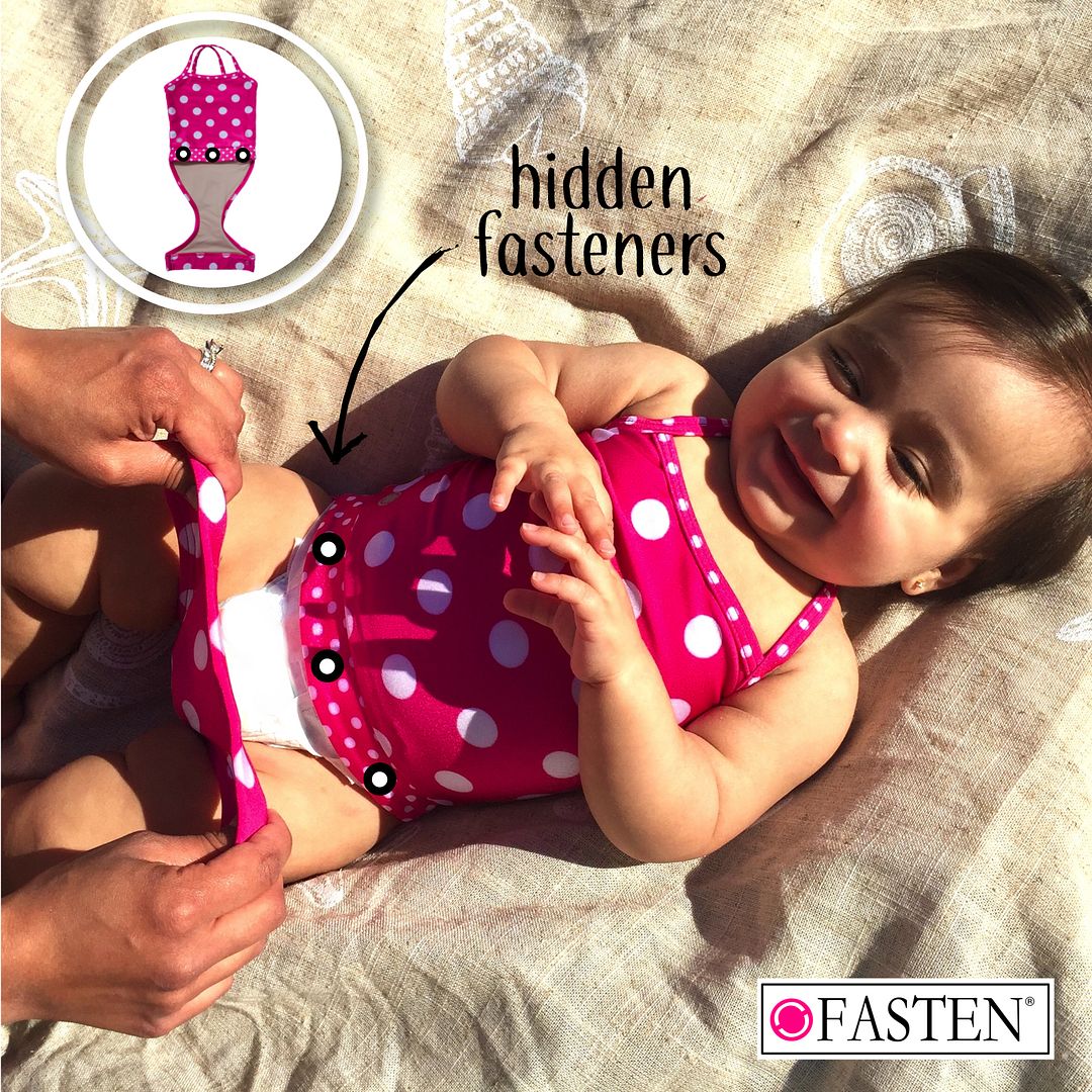 Cool one-piece bathing suits for babies: FASTEN Swimsuits have hidden magnets for easy diaper changes or bathroom runs.