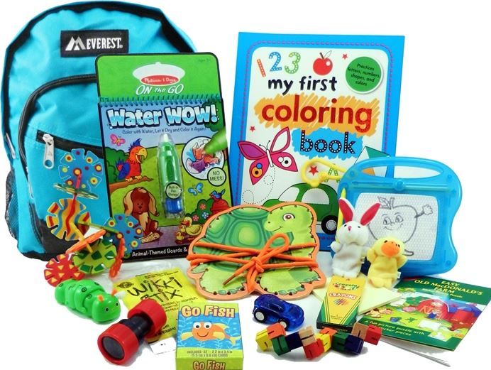 Travel toys for preschoolers: Fun on the Fly travel pack for k preschool kids.