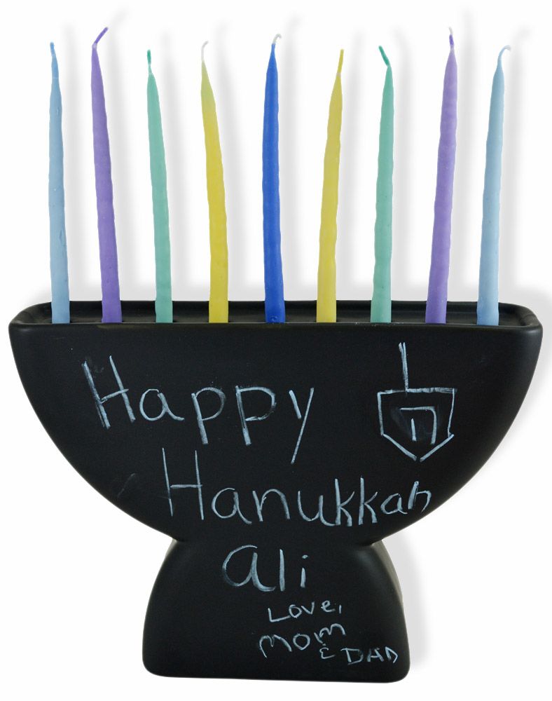 Menorahs for kids: Write your own Hanukkah greeting with this Chalkboard Menorah & Candlesticks at Traditions Jewish Gifts. 