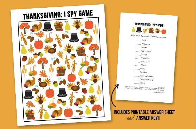 Free Thanksgiving printables: Strategically place these on the kiddie table for some happy distraction. Thanks Live Laugh Rowe for this Thanksgiving I Spy Game! 