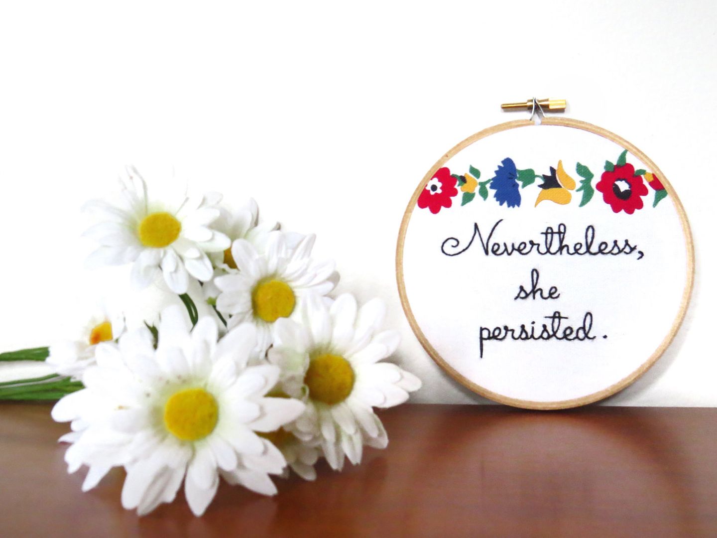 Feminist Mother's Day gifts: Nevertheless She Persisted Embroidery Hoop Wall Art from Knucklehead Art
