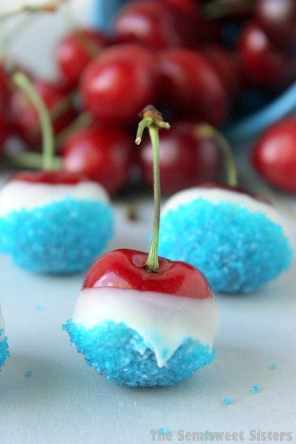 4th of July treats that kids can make themselves: Red, White, and Blue Cherries | The Semisweet Sisters