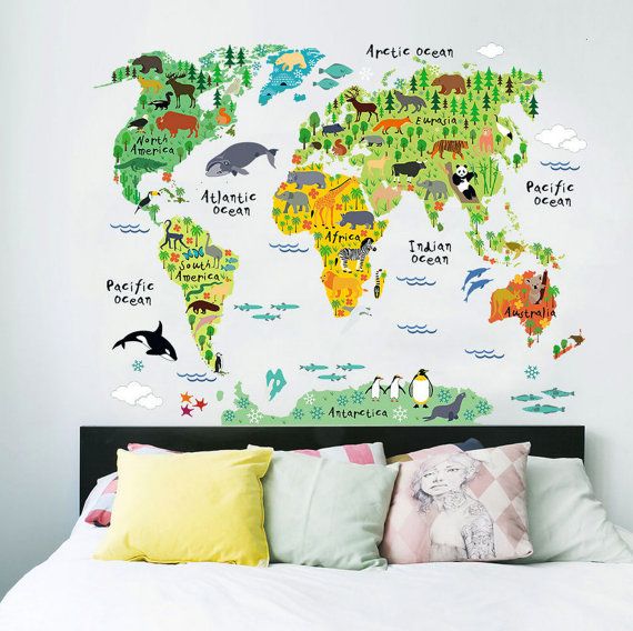 Learn the world by its animals with this Kids' World Map from Rocky Mountain Decals. So many cute creatures!