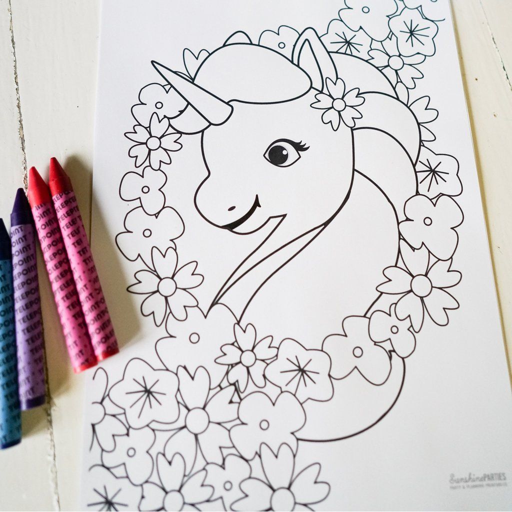 Unicorn birthday party ideas: unicorn birthday coloring page from Sunshine Parties