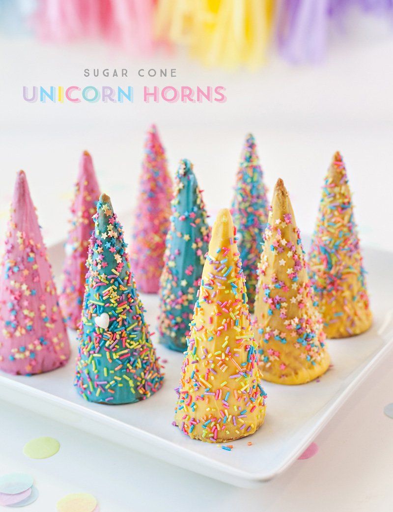 Unicorn birthday party ideas: sugar cone unicorn horns by Hostess with the Mostess for Fisher-Price