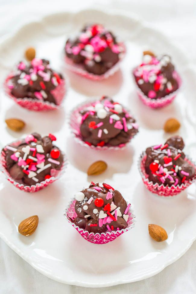 Last-minute Valentine's Day treats: Add a little nutrition to your treats with these Valentine Chocolate Almond Clusters at Averie Cooks.